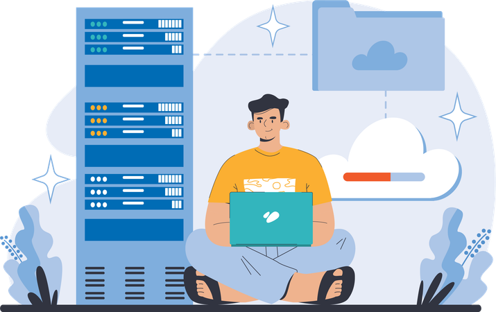 Homme utilisant le service de stockage cloud  Illustration