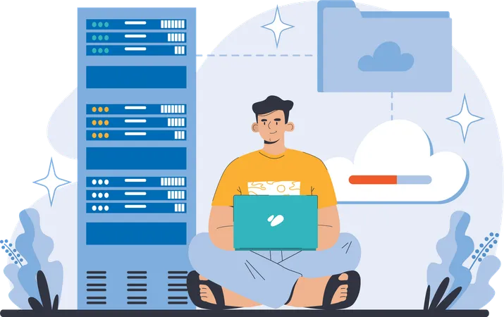 Homme utilisant le service de stockage cloud  Illustration