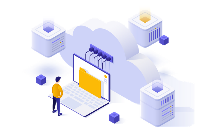 Homme utilisant le stockage cloud  Illustration