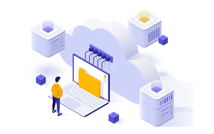 Homme utilisant le stockage cloud  Illustration