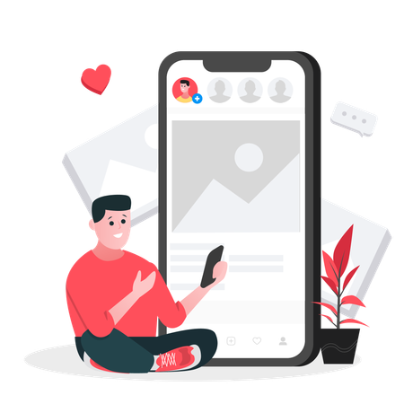 Homme utilisant les médias sociaux sur mobile  Illustration