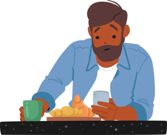 Un homme utilise son smartphone tout en prenant son petit-déjeuner seul  Illustration