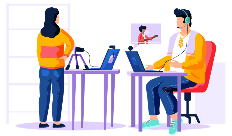 Un homme utilise un casque pour écouter de la musique et monter une vidéo sur un ordinateur portable  Illustration