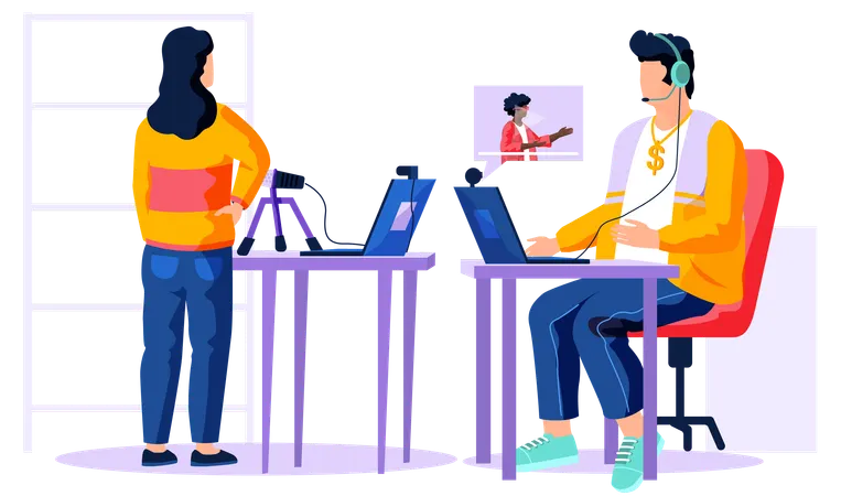 Un homme utilise un casque pour écouter de la musique et monter une vidéo sur un ordinateur portable  Illustration