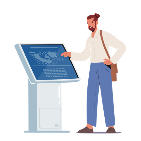 Homme utilisant un kiosque lisant des informations sur un écran numérique avec plan de zone  Illustration