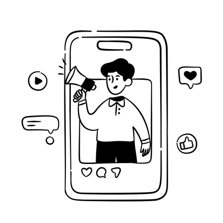 Un homme utilise un mégaphone dans une publication sur les réseaux sociaux  Illustration