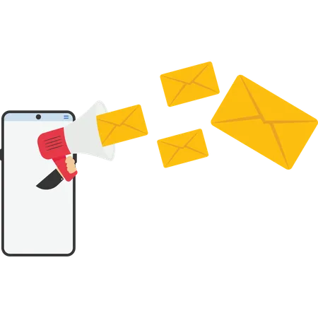 Homme utilisant un mégaphone pour envoyer une newsletter par courrier électronique en ligne  Illustration