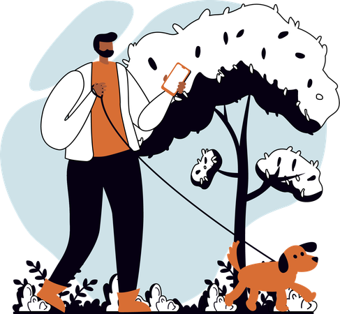 Homme utilisant un mobile en marchant avec un chien  Illustration