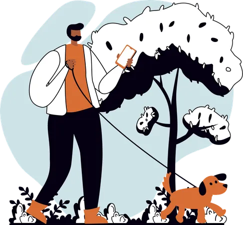 Homme utilisant un mobile en marchant avec un chien  Illustration