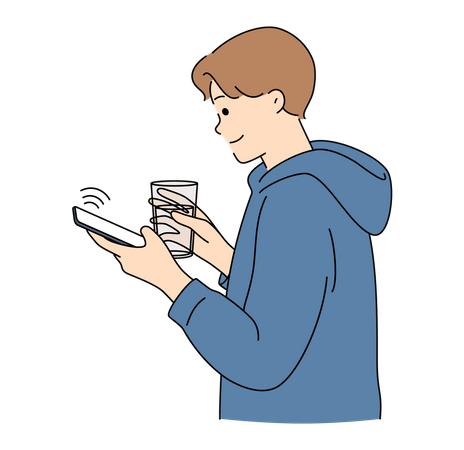 Homme utilisant un mobile et tenant un verre d'eau  Illustration