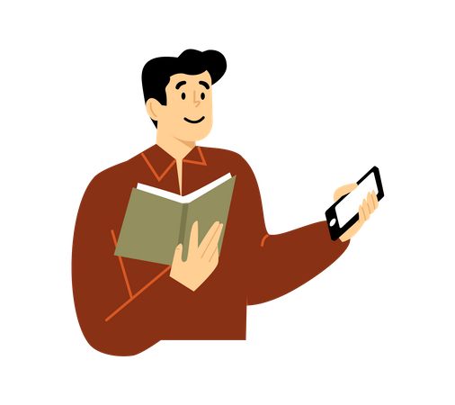 Homme utilisant un mobile en lisant un livre  Illustration