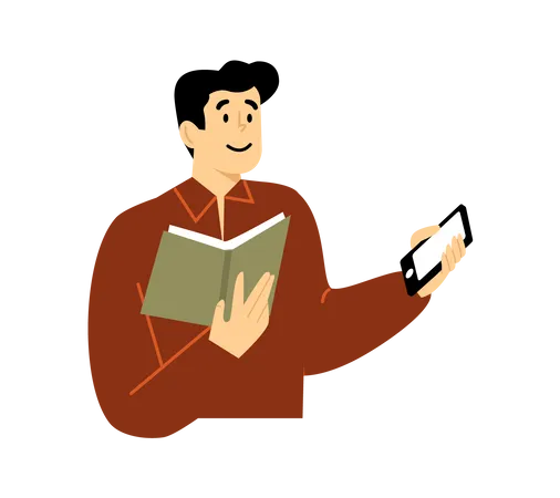 Homme utilisant un mobile en lisant un livre  Illustration