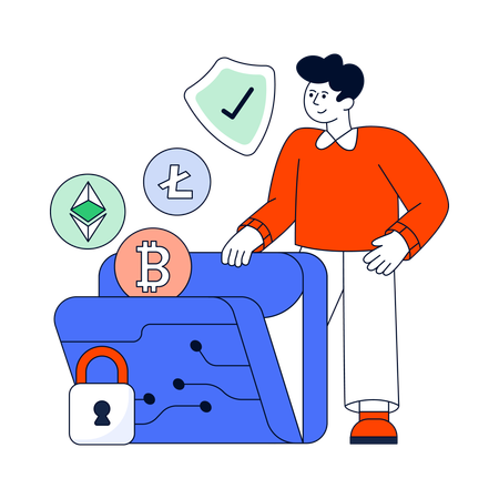 Un homme utilise un portefeuille cryptographique sécurisé  Illustration