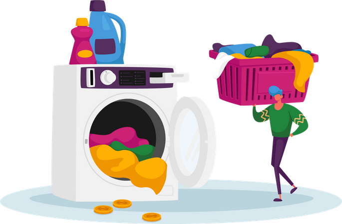 Homme utilisant un service de blanchisserie à pièces  Illustration