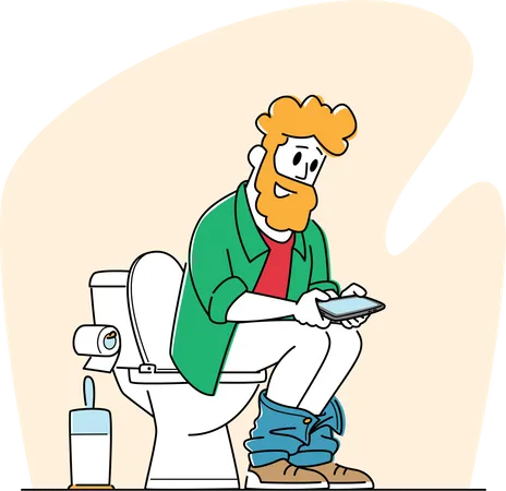 Homme utilisant un smartphone assis dans les toilettes  Illustration