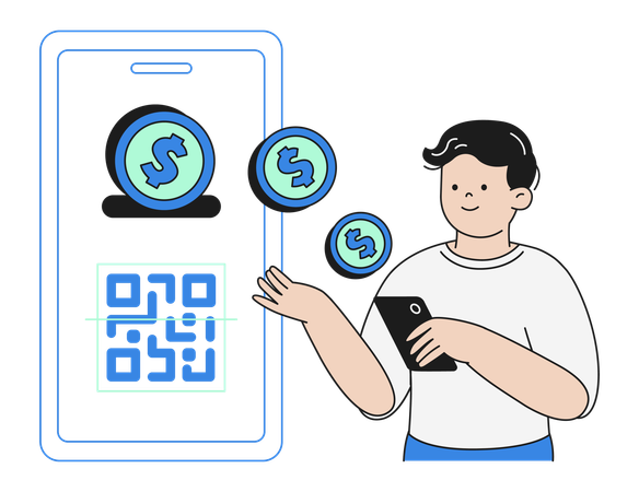 Homme utilisant un smartphone pour une transaction monétaire numérique par code QR  Illustration