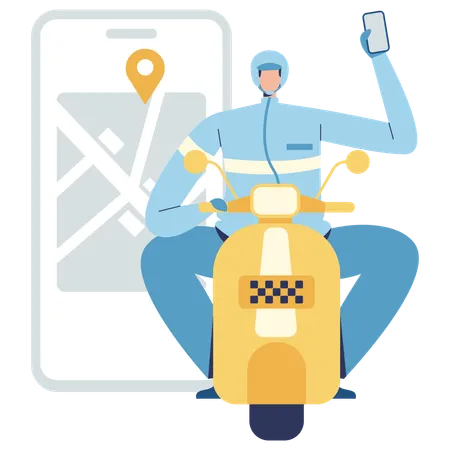 Un homme utilise une application de taxi moto  Illustration