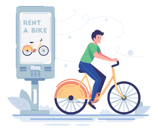 Homme utilisant un vélo sur un service de location  Illustration