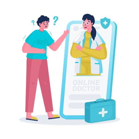 Un homme utilise une application de consultation médicale en ligne  Illustration