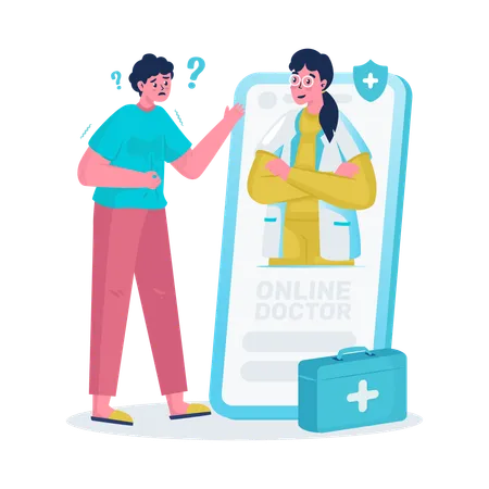 Un homme utilise une application de consultation médicale en ligne  Illustration