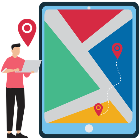 Homme utilisant une application de navigation mobile GPS  Illustration