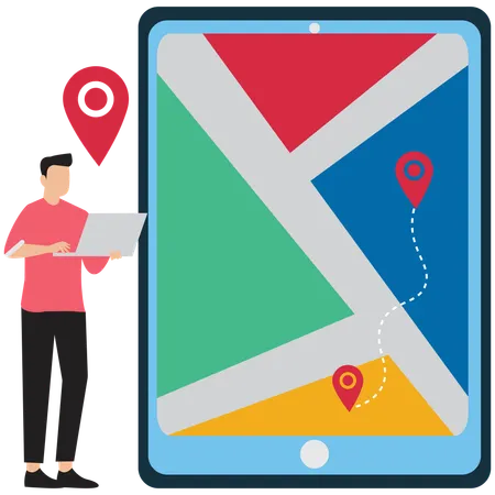 Homme utilisant une application de navigation mobile GPS  Illustration