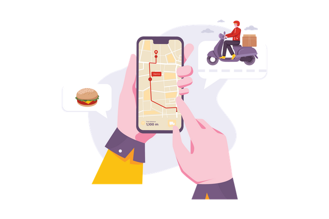 Homme utilisant une application de suivi pour le suivi des livraisons de nourriture  Illustration