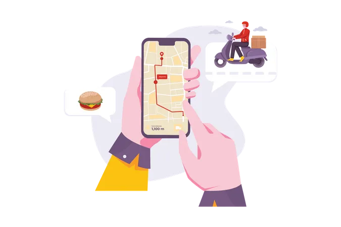 Homme utilisant une application de suivi pour le suivi des livraisons de nourriture  Illustration