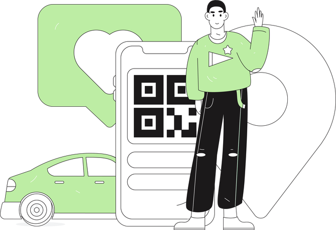 Un homme utilise une application mobile pour réserver un taxi  Illustration