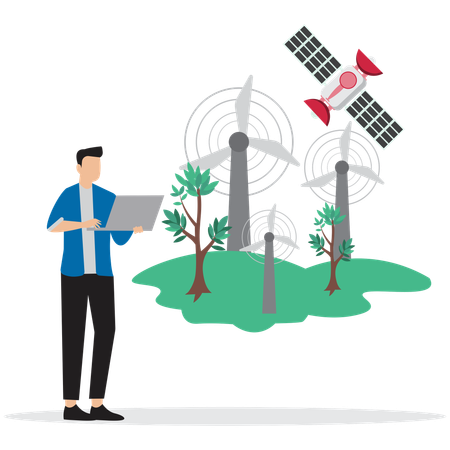 Un homme utilise un moulin à vent à énergie renouvelable  Illustration