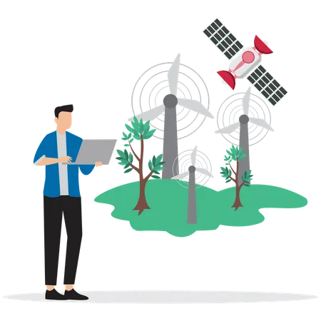 Un homme utilise un moulin à vent à énergie renouvelable  Illustration
