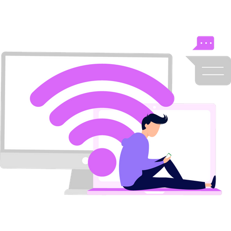 Homme utilisant le Wi-Fi pour discuter en ligne  Illustration