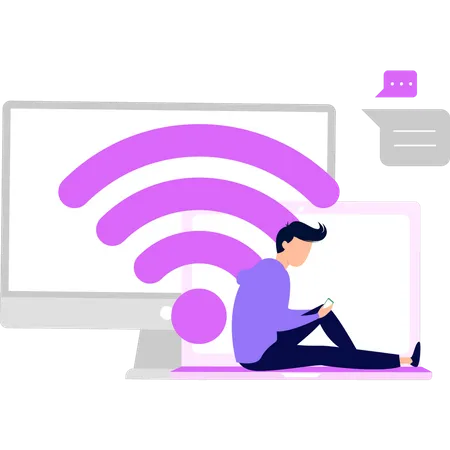 Homme utilisant le Wi-Fi pour discuter en ligne  Illustration