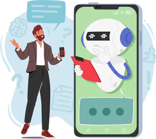 L'homme utilise Chatbot pour le support technique  Illustration