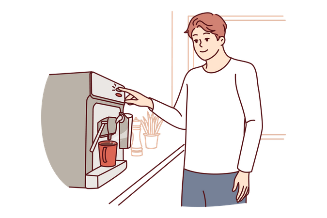 L'homme utilise une machine à café debout dans la cuisine de l'appartement  Illustration