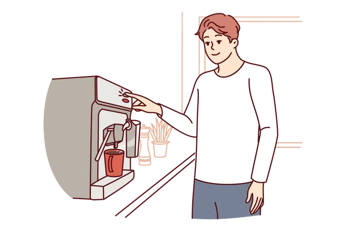 L'homme utilise une machine à café debout dans la cuisine de l'appartement  Illustration