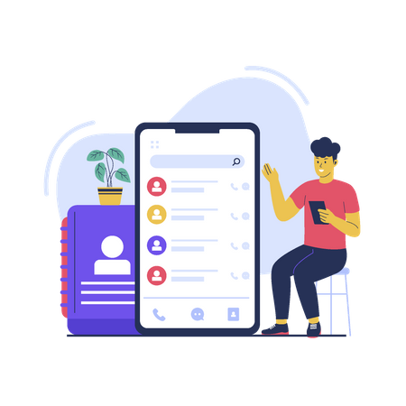 L'homme utilise des applications de répertoire téléphonique  Illustration
