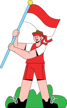 Homme agitant le drapeau indonésien  Illustration