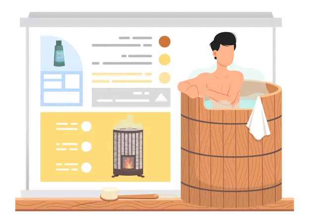 Homme fumant dans une baignoire en bois  Illustration