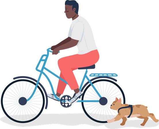 Homme faisant du vélo avec un chien dans un panier  Illustration