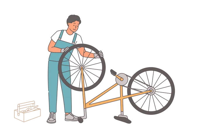 Homme réparateur de vélos et fixation de roues ou cycle d'assemblage à partir de pièces de rechange achetées  Illustration