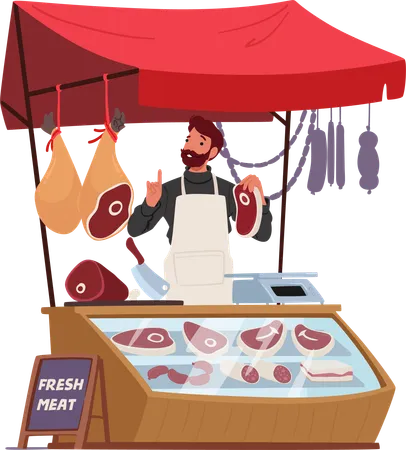 Un homme vend de la viande au marché  Illustration