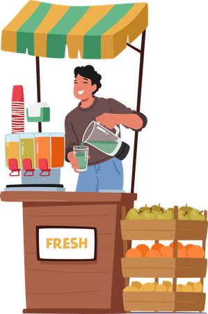 L'homme vend des jus de fruits au marché  Illustration