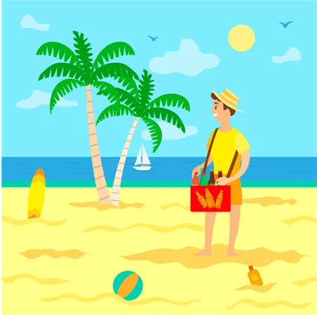 Homme vendant des boissons sur la plage  Illustration