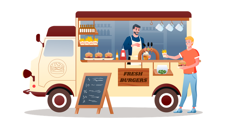 Homme vendant des hamburgers frais depuis un camion de rue  Illustration