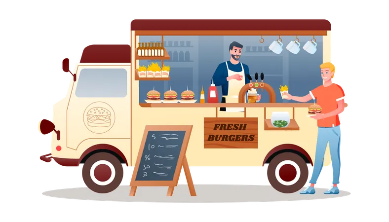 Homme vendant des hamburgers frais depuis un camion de rue  Illustration