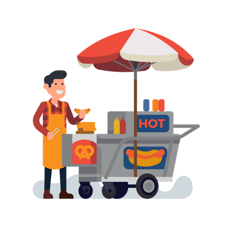 Homme vendant des hot-dogs sur un chariot de nourriture de rue  Illustration