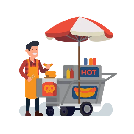 Homme vendant des hot-dogs sur un chariot de nourriture de rue  Illustration