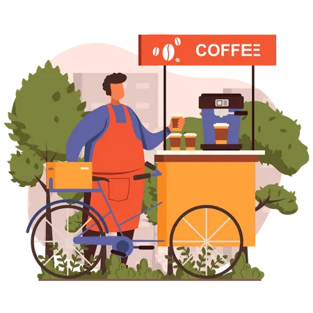 Homme vendant du café à vélo  Illustration