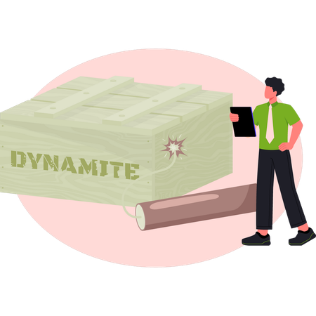 Homme vérifiant une boîte en bois de dynamite  Illustration